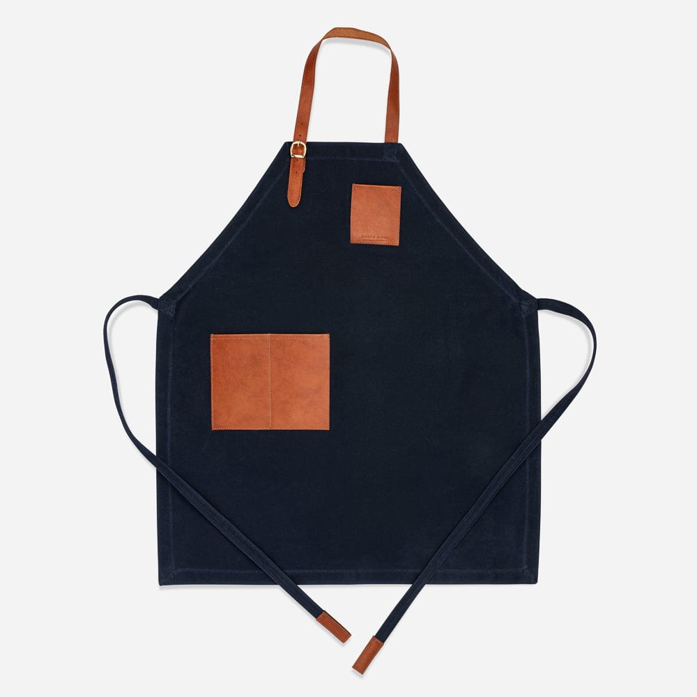Waxed Cotton Twill Apron in Navy & Cognac