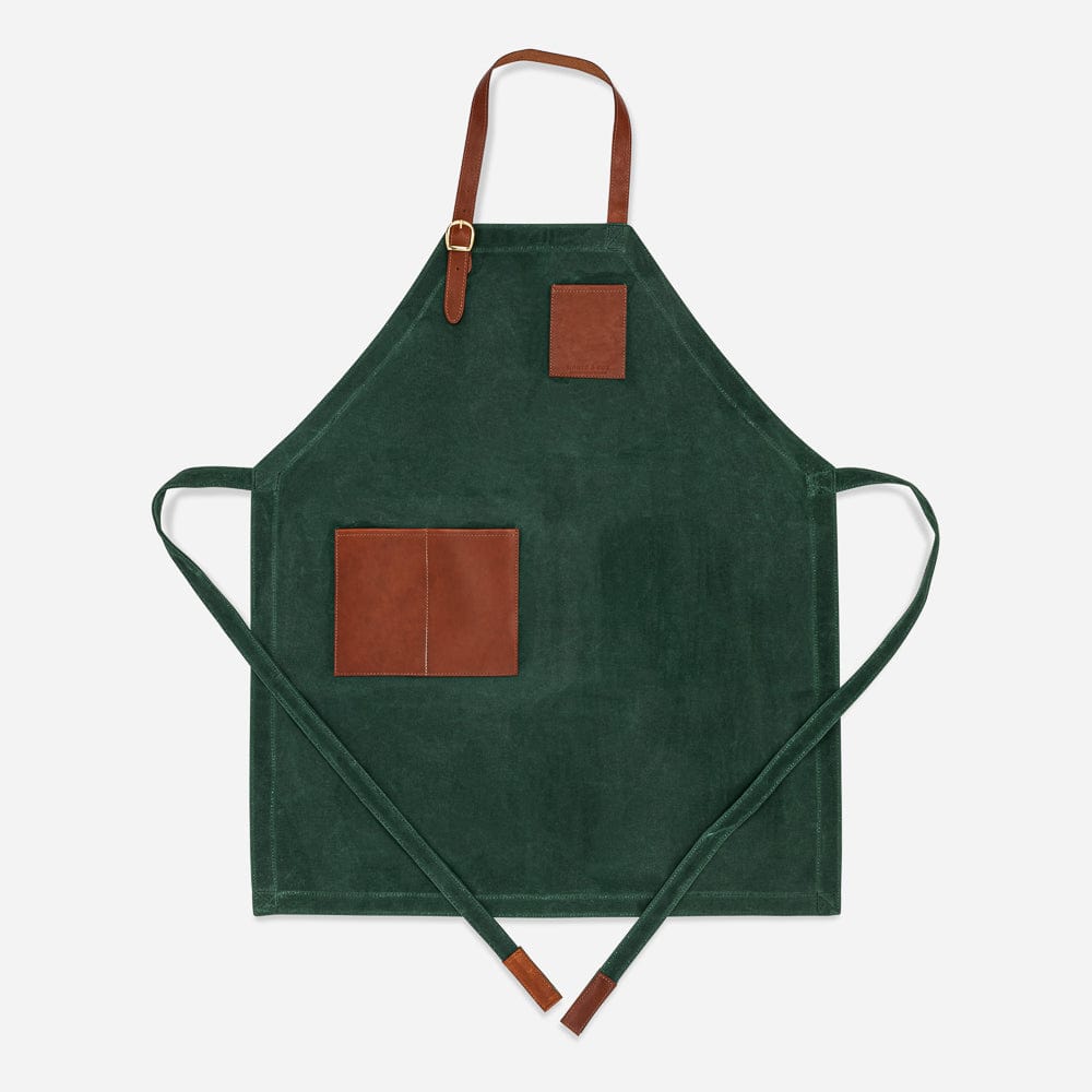 Waxed Cotton Twill Apron in Hunter Green & Cognac