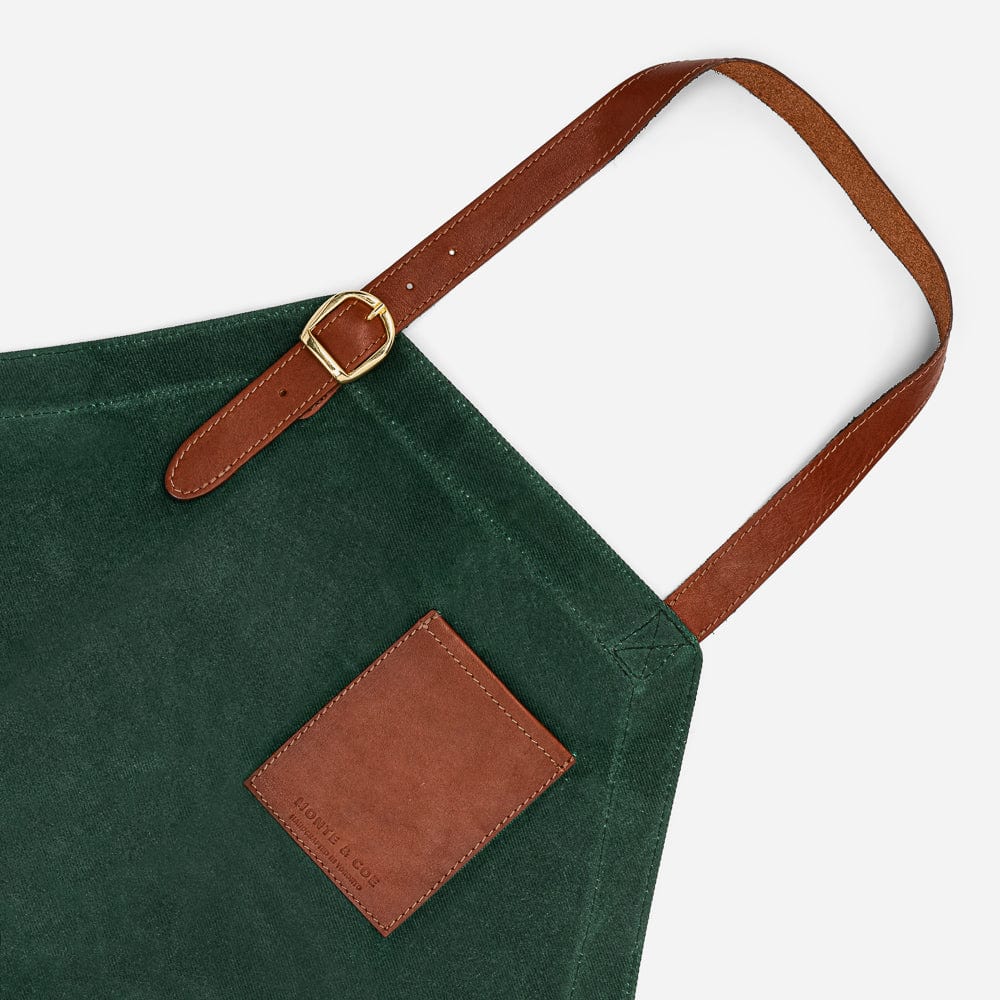 Waxed Cotton Twill Apron in Hunter Green & Cognac