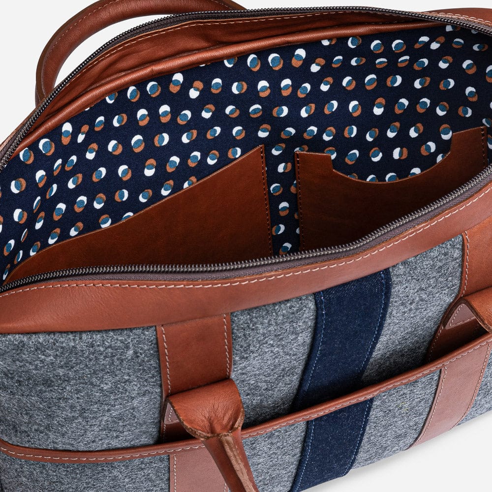 Italian Wool Briefcase in Grey & Cognac