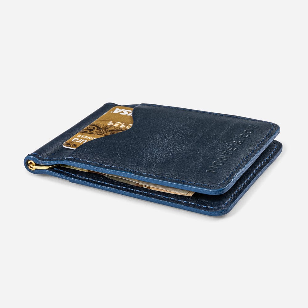 Leather Wallet with Money Clip in Navy