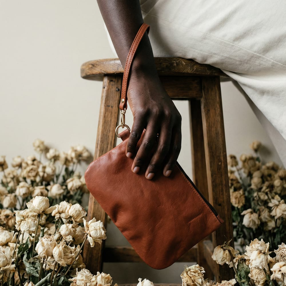 Leather Wristlet in Cognac