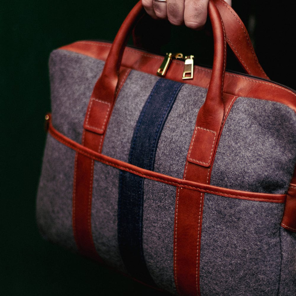Italian Wool Briefcase in Grey & Cognac