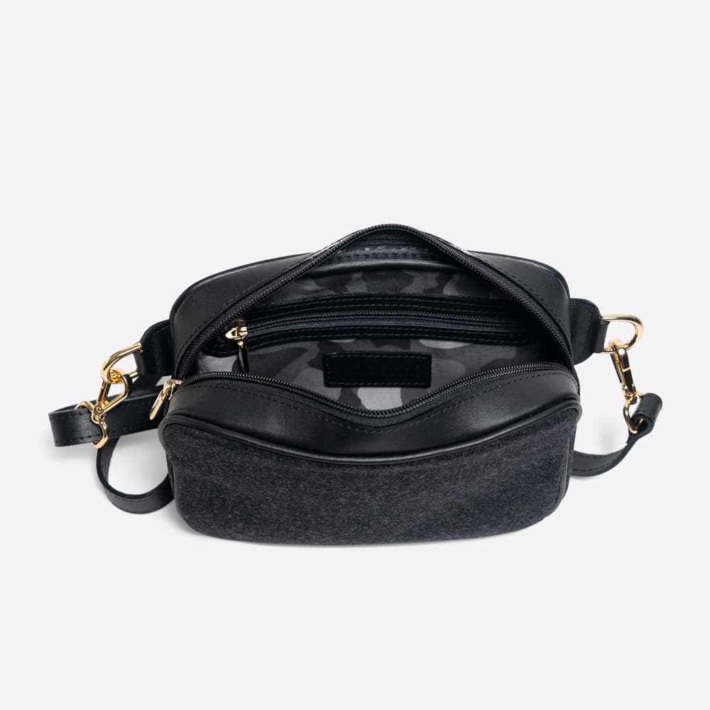 Black Italian Wool Crossbody Bag, overhead view of the interior