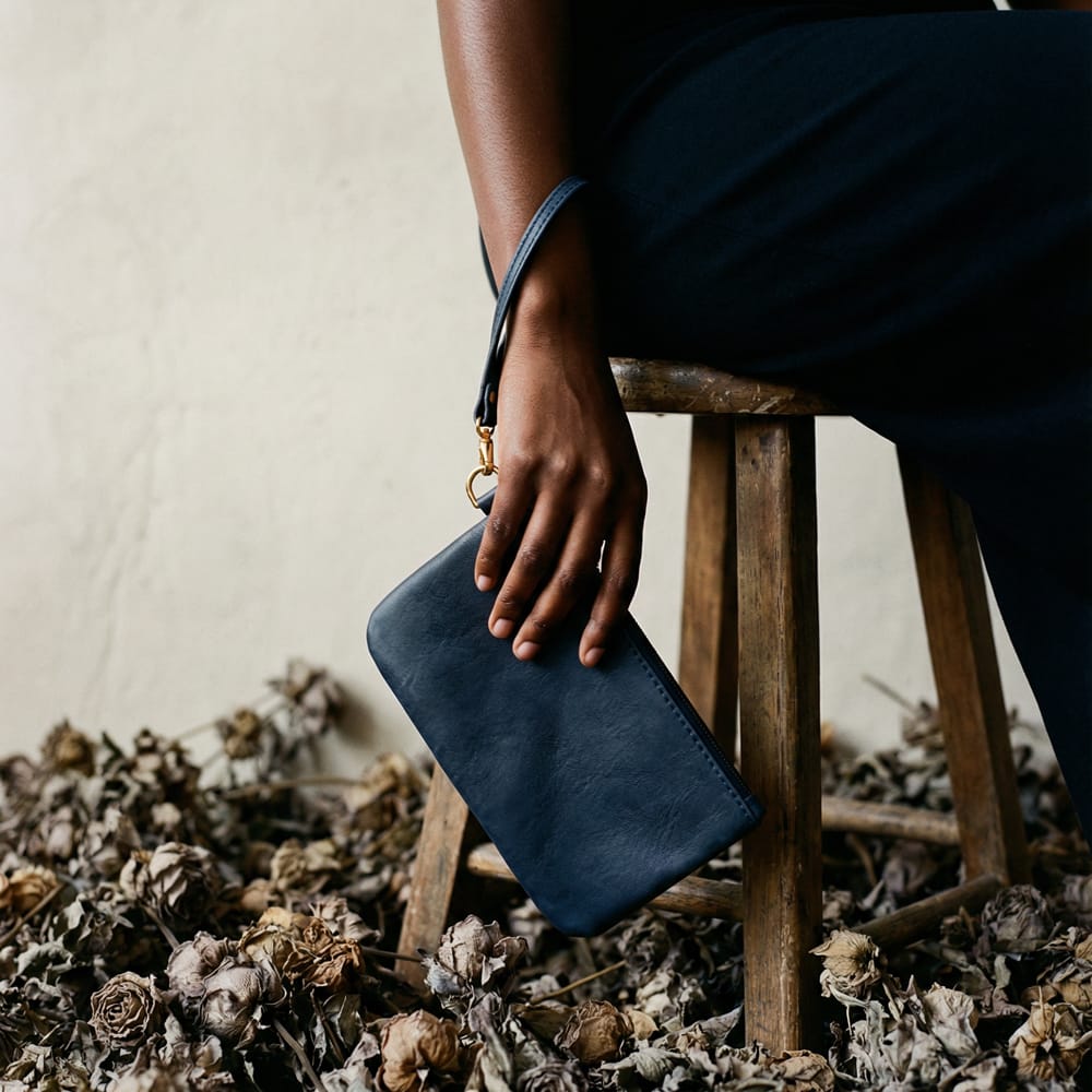 Leather Wristlet in Navy
