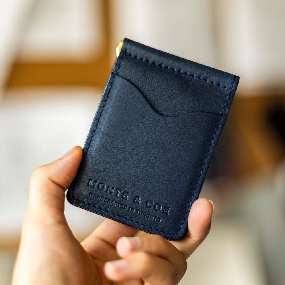 Leather Wallet with Money Clip in Navy
