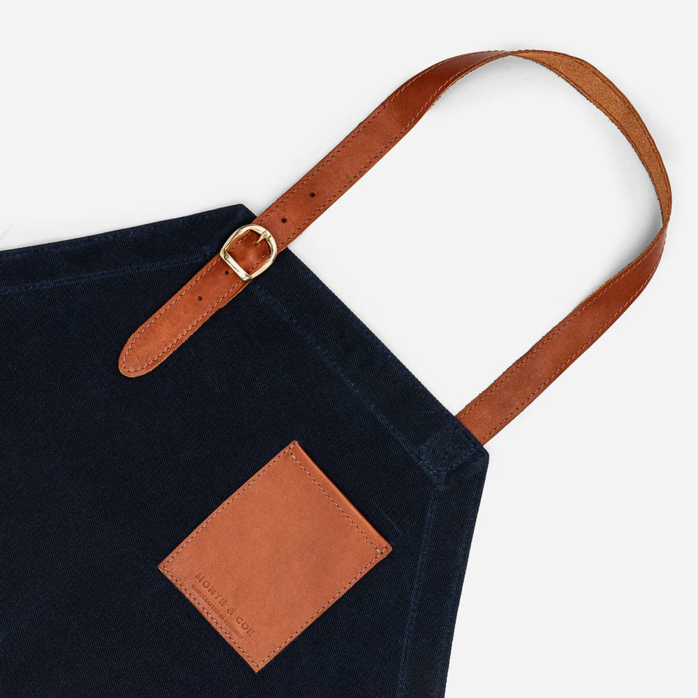 Waxed Cotton Twill Apron in Navy & Cognac