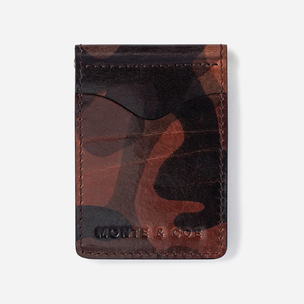 Leather Wallet with Money Clip in Cognac Camo