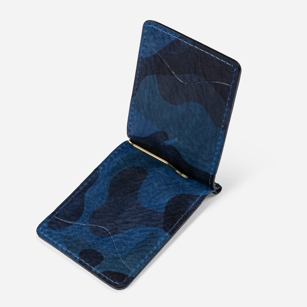 Leather Wallet with Money Clip in Navy Camo