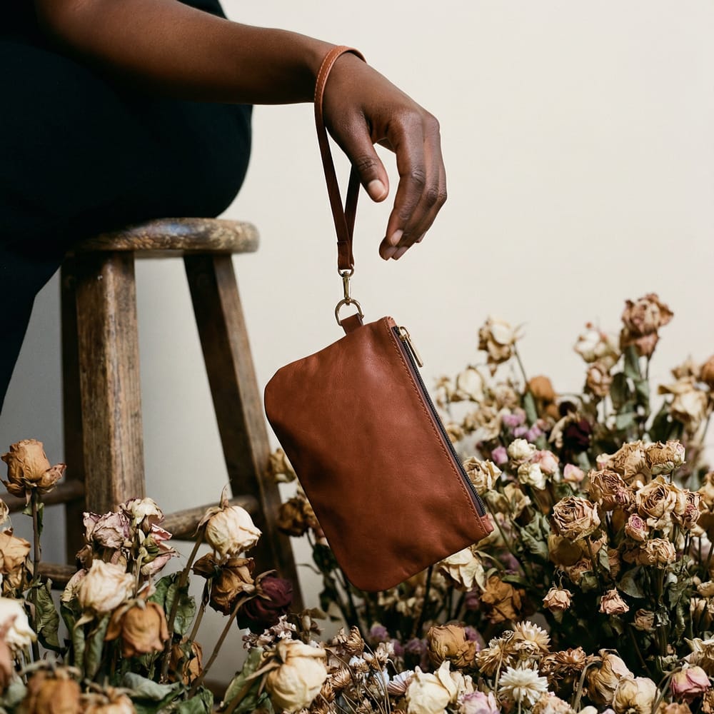 Leather Wristlet in Cognac