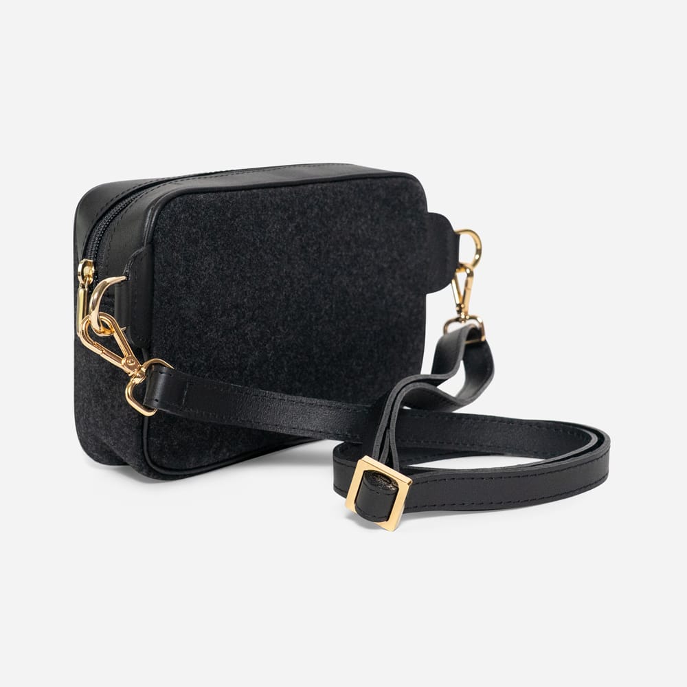 Black Italian Wool Crossbody Bag, angled view