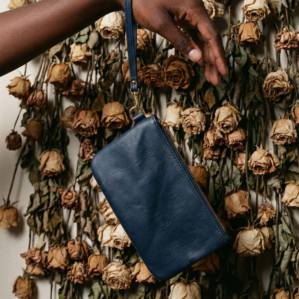 Leather Wristlet in Navy