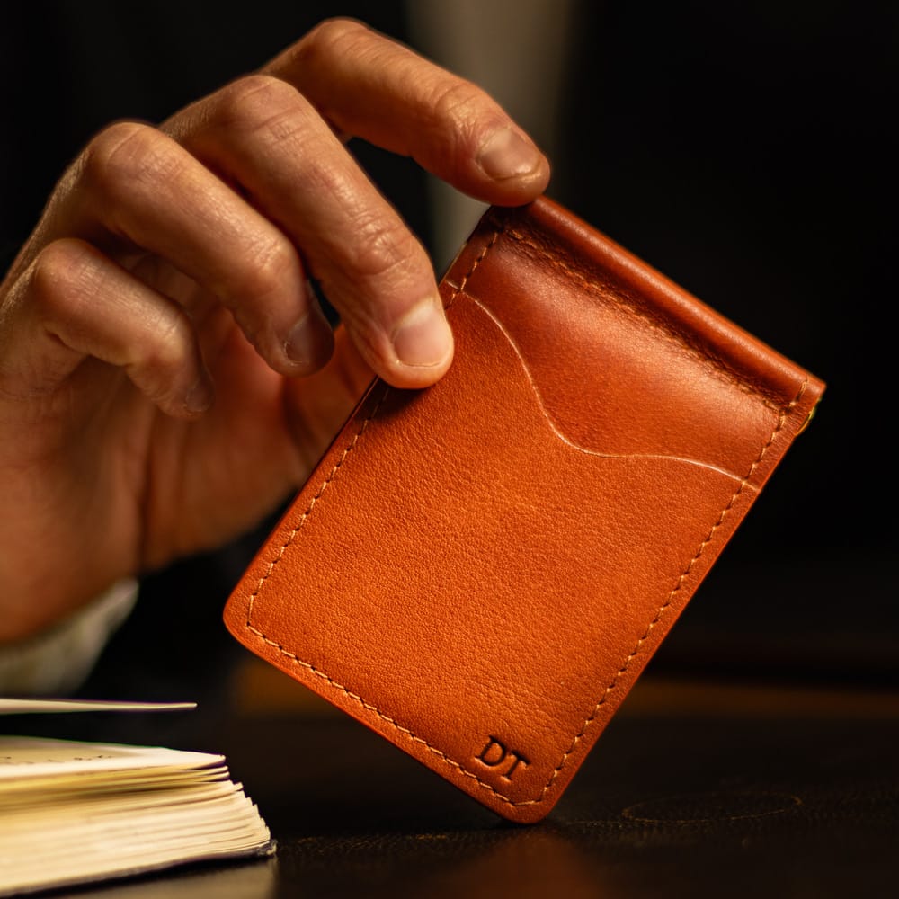 Slim Leather Wallet with Money Clip in Cognac